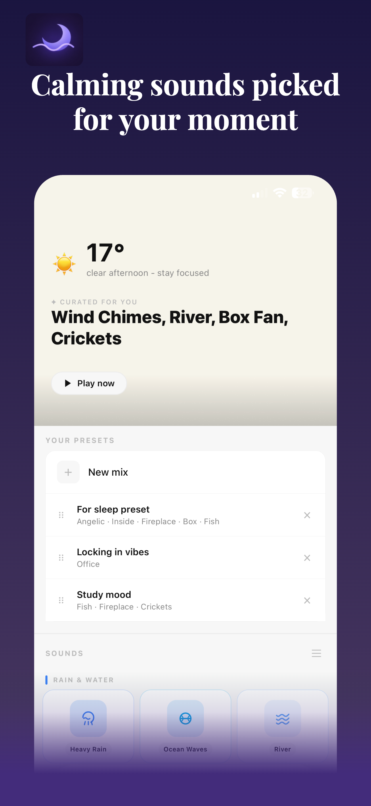 Hushy home screen with curated sounds and presets.