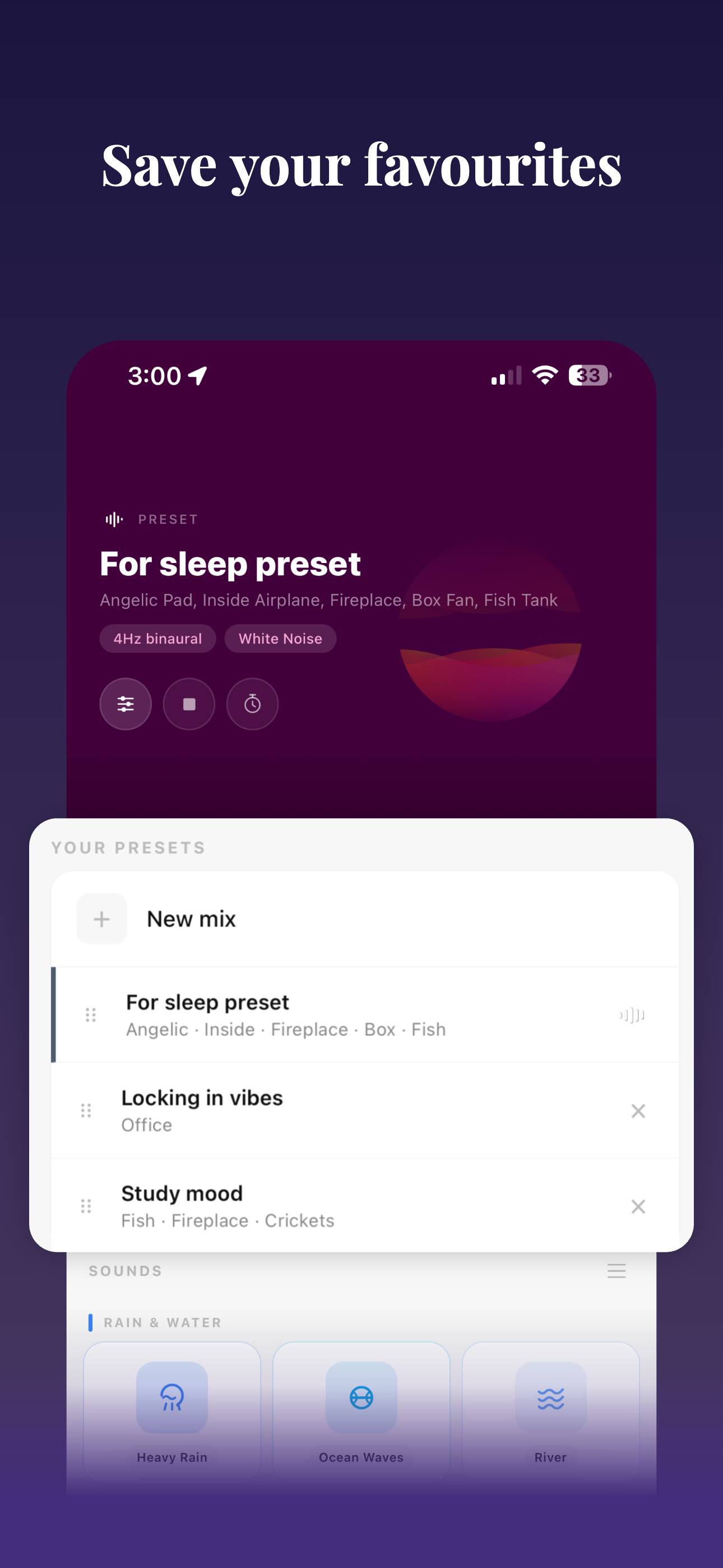Hushy screen highlighting saved favourite presets and sounds.