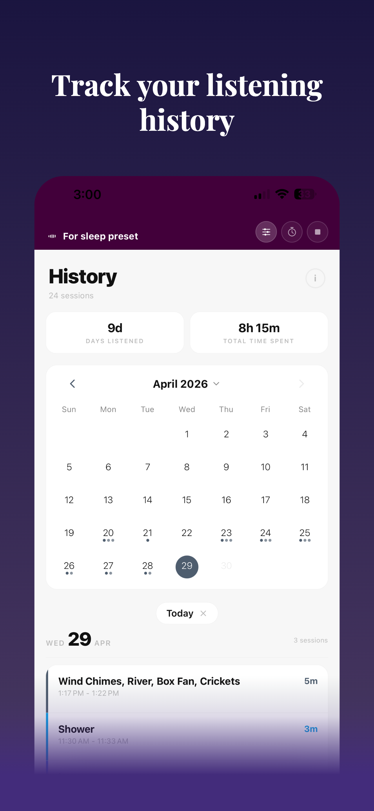 Hushy history screen showing listening sessions and calendar.