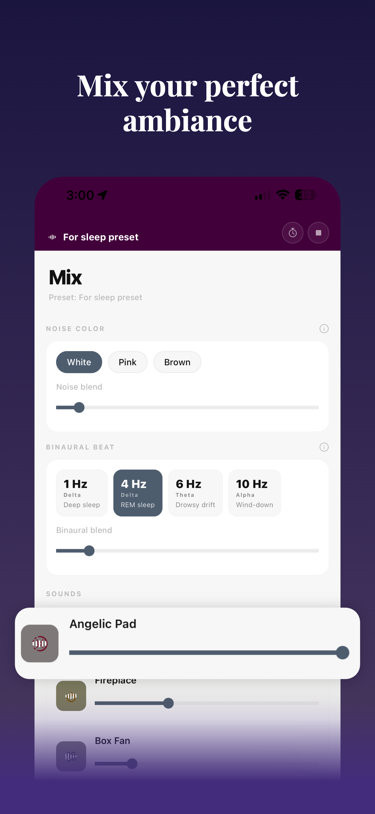 Hushy mix screen with sound controls and sliders.