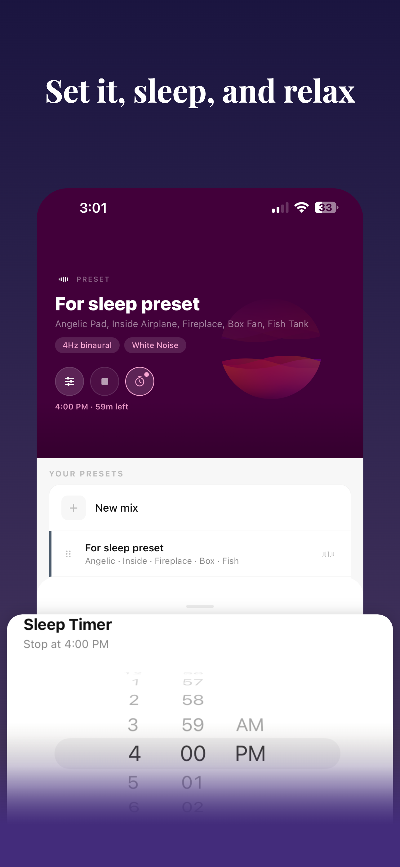 Hushy preset screen with timer and playback controls.