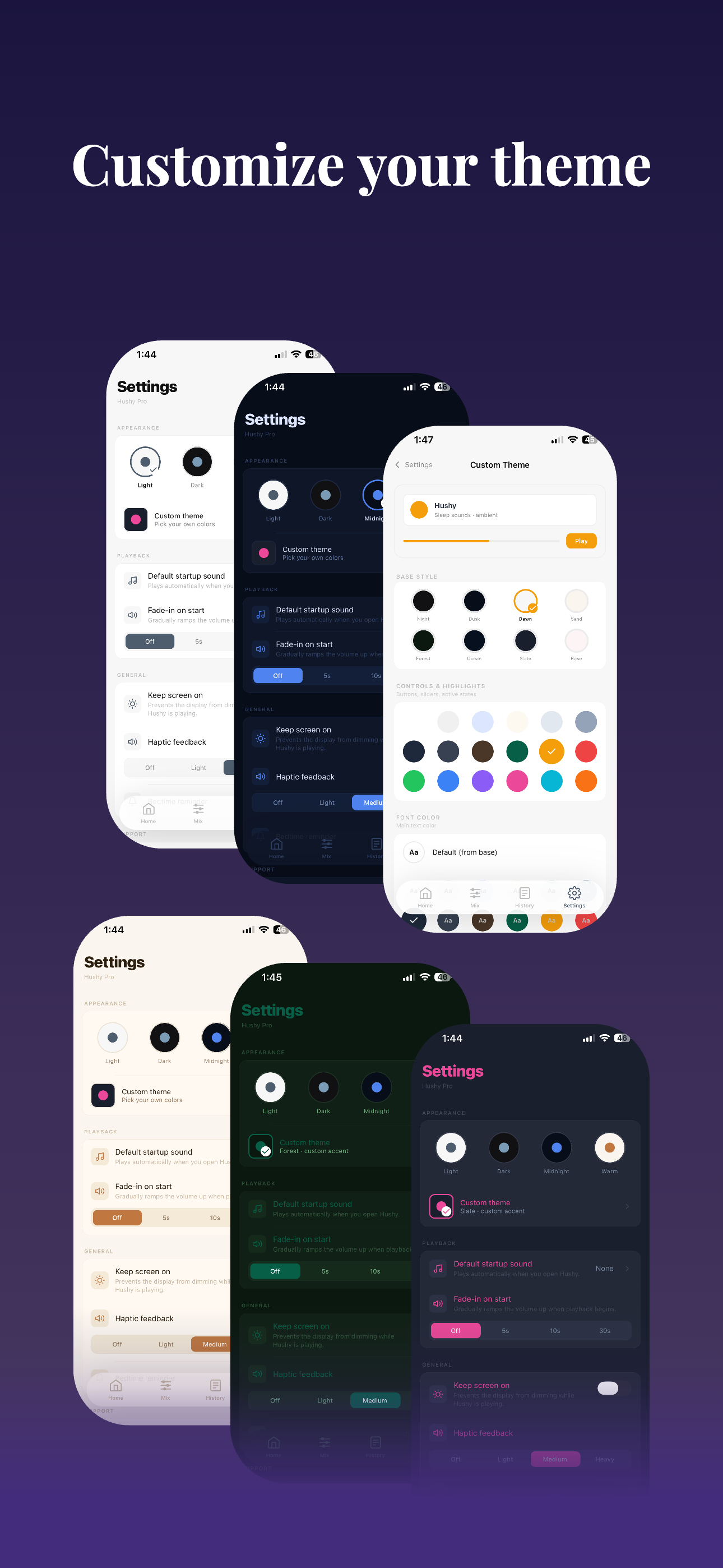 Hushy settings screens showing different customizable themes.